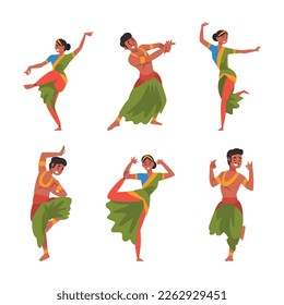 Hombres y mujeres felices bailarinas indias con ropa tradicional representando un conjunto de danza ilustración vectorial