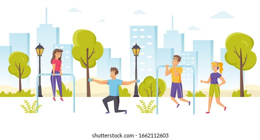 Happy men and women jogging or running, performing pull-ups, exercising with dumbbells in park. Outdoor sports training, street strength workout, healthy lifestyle. Flat cartoon vector illustration.