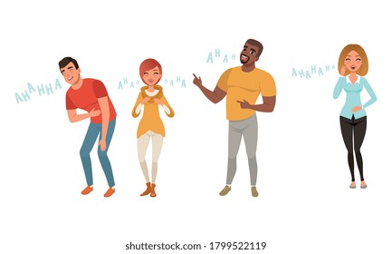 Happy Men and Women Laughing with Positive Humor Set Cartoon Style Vector Illustration