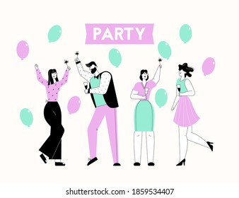 Happy men and women at Party. Group of people with sparklers, drinking, smiling, having fun, flying balloons. Vector linear character illustration of festive event, celebration holiday, entertainment