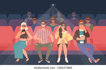 Happy men and women sitting in chairs at three-dimensional movie theater. Friends or mates in 3d glasses watching film or motion picture together. Colorful vector illustration in flat cartoon style.