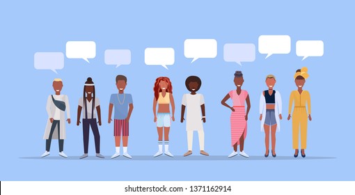 happy men women standing together chat bubble communication african american people wearing trendy clothes male female cartoon characters full length blue background horizontal