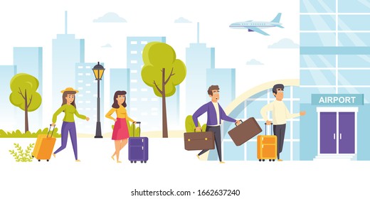 Happy men and women with suitcases walking towards airport terminal building. Funny tourists or travelers with baggage or luggage hurry for flight departure. Flat cartoon vector illustration.