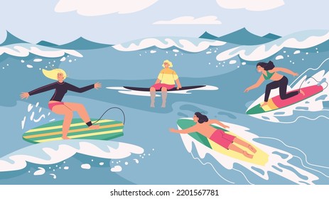 Happy men and women surf flat style, vector illustration. Water sport, active lifestyle, recreation. Sea or ocean leisure, people swim on surfboards, wave control