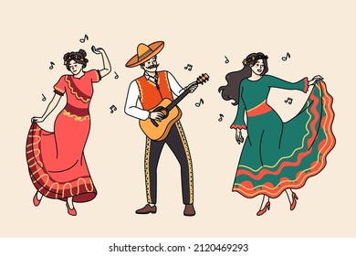 Happy men and women in traditional clothes dance together to guitar on Mexican carnival. Smiling Mexicans in costumes enjoy festive national celebration play music. Flat vector illustration. 