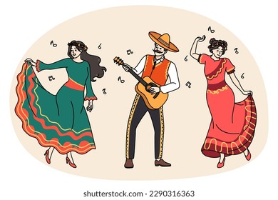 Happy men and women in traditional clothes dance together to guitar on Mexican carnival. Smiling Mexicans in costumes enjoy festive national celebration play music. Flat vector illustration.