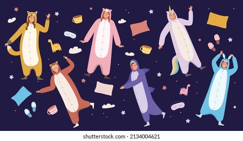 Happy men and women wearing animalistic kigurumi pyjamas on dark background with sleep symbols flat vector illustration