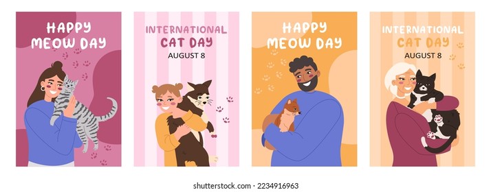 Happy meow day and international cat day card collection. People hugging their cats. Flat vector illustrations.