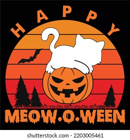 Happy Meow. O, Ween, Happy Halloween Shirt Print Template, Witch Bat Cat Scary House Dark Green Riper Boo Squad Grave Pumpkin Skeleton Spooky Trick Or Treat svg