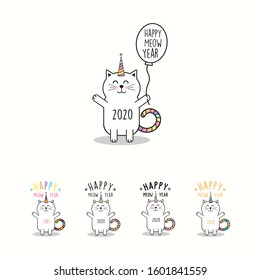 Happy Meow Year 2020 for Happy New Year. Hand drawn lettering cute cat for cards, poster, t-shirt, invitations and other types of holiday design. Cat Vector illustration.