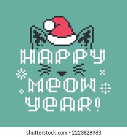 Happy meow year cat face pixel art. Happy new year isolated vector illustration