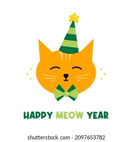 Happy Meow Year vector greeting card, illustration with cute style ginger cat in party hat.
