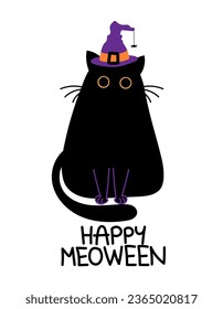 Happy Meoween (Happy Halloween) - funny quote design with cute vampire teeth black cat. Kitten sign for print. Adorable cat poster with lettering, good for t shirt, gift, mug or other designs.