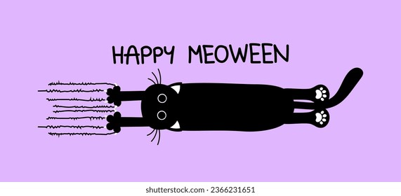 Happy Meoween (Happy Halloween) - funny quote design with cute vampire teeth black cat. Kitten sign for print. Adorable cat poster with lettering, good for t shirt, gift, mug or other designs.