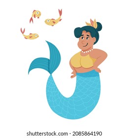 Happy mermaid with colorful fishes vector cartoon illustration. Cute and funny character design. Underwater illustration.