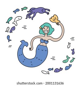 The happy mermaid found a beautiful shell. Vector cartoon color illustration. Hand drawn mermaid. Magic banner of the underwater world, poster element, t-shirt print.