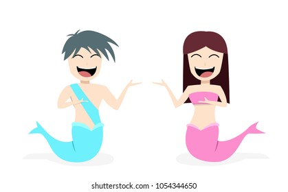 Happy Mermaid and merman on white in vector design