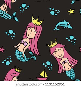 Happy mermaid pattern. Seamless drawing isolated on dark background.