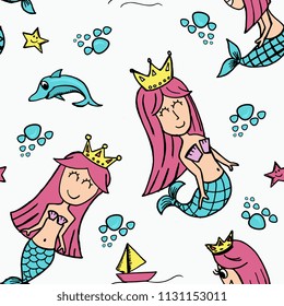 Happy mermaid seamless pattern. Multicolor hand drawn cute style.