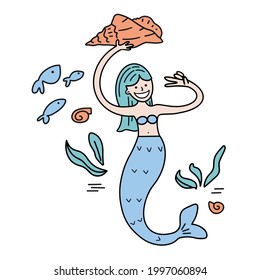 Happy mermaid with shell. Cartoon vector color illustration. She shows her victory hand. Hand drawn mermaid. Magic underwater world banner, poster element, t-shirt print.