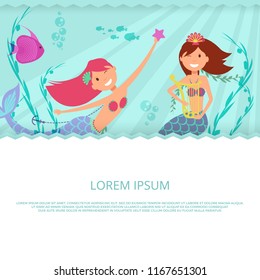 Happy mermaid and underwater life vector banner and poster template illustration