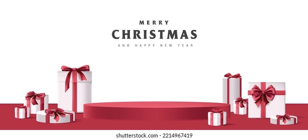 Happy Merry Christmas banner with product display cylindrical shape and gift box red bow