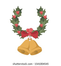 happy merry christmas bells with floral decoration vector illustration design