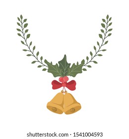 happy merry christmas bells with floral decoration vector illustration design