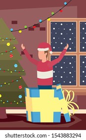happy merry christmas boy celebrating with tree and gift vector illustration design