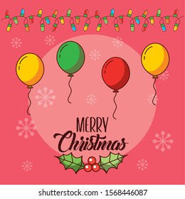happy merry christmas card with balloons helium vector illustration design