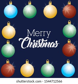 happy merry christmas card with balls hanging vector illustration design