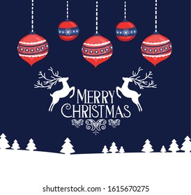 happy merry christmas card with balls hanging vector illustration design