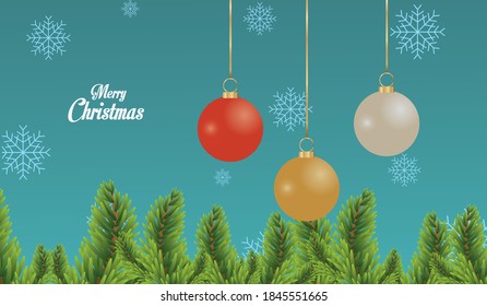 happy merry christmas card with balls hanging and snowflakes vector illustration design