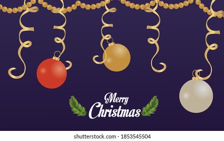happy merry christmas card with balls and garlands hanging vector illustration design