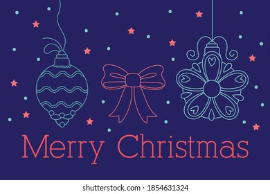 happy merry christmas card with balls and bow line style in blue background vector illustration design