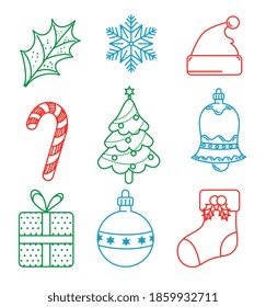 happy merry christmas card with bundle set icons vector illustration design