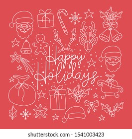 happy merry christmas card with calligraphy font and set icons vector illustration