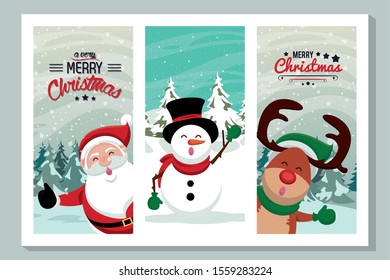 happy merry christmas card with cute characters vector illustration design