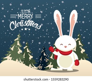 happy merry christmas card with cute rabbit vector illustration design