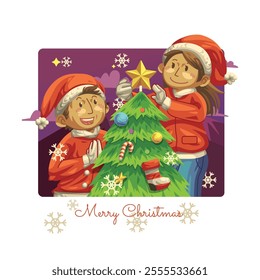 Happy merry christmas card with cute characters