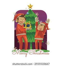 Happy merry christmas card with cute characters
