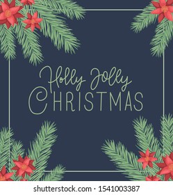 happy merry christmas card with floral decoration and calligraphy vector illustration