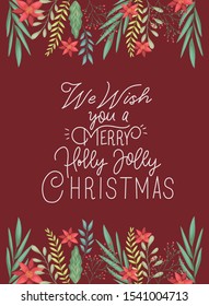happy merry christmas card with floral decoration and calligraphy vector illustration