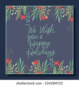 happy merry christmas card with floral decoration and calligraphy vector illustration