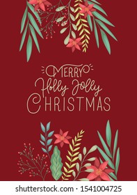 happy merry christmas card with floral decoration and calligraphy vector illustration