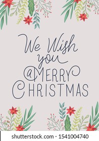 happy merry christmas card with floral decoration and calligraphy vector illustration