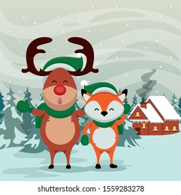 happy merry christmas card with fox and reindeer vector illustration design