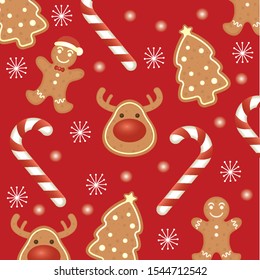 happy merry christmas card with ginger cookies pattern vector illustration design