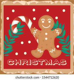 happy merry christmas card with ginger cookie doll vector illustration design
