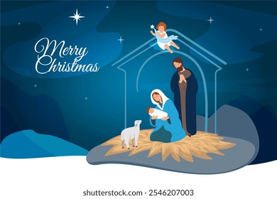 Happy Merry Christmas, christmas card with Mary, baby Jesus, Joseph and animals, holy night. vector illustration.
